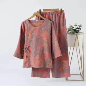 3/4 Sleeve Oblique Cotton Pajama Set