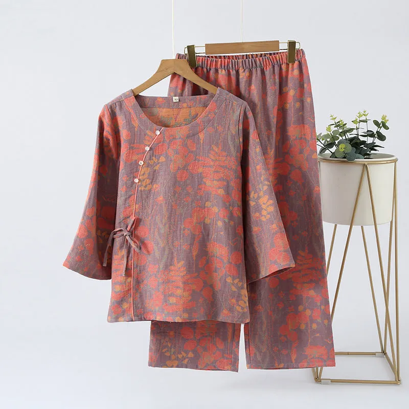 3/4 Sleeve Oblique Cotton Pajama Set