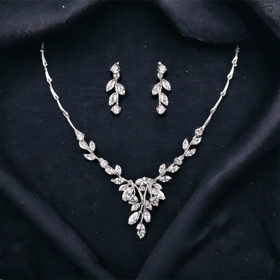 BEST SELLER - Simple Leaf Bridal Crystal Wedding Jewellery Set, Cubic Zirconia Necklace and Earrings Set