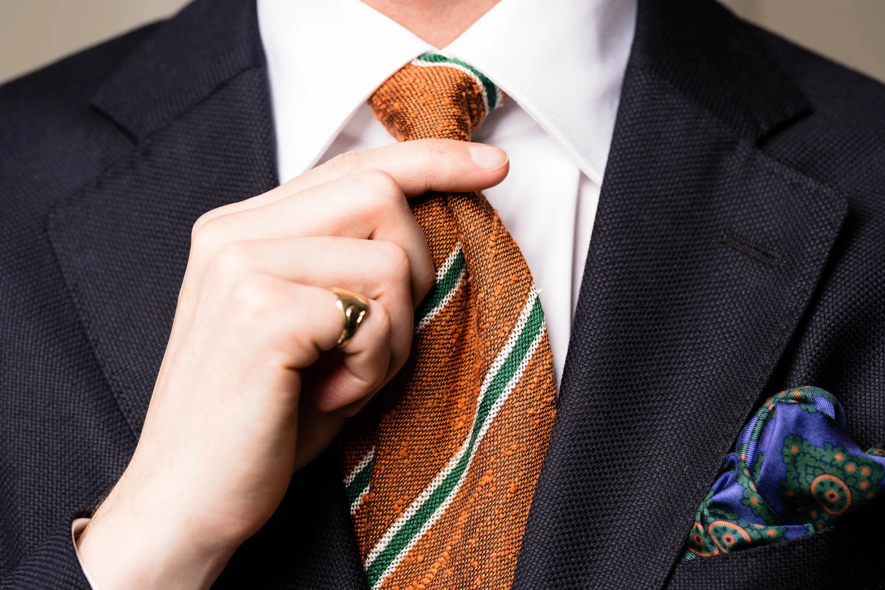Bronze & Green Striped Shantung Silk Tie