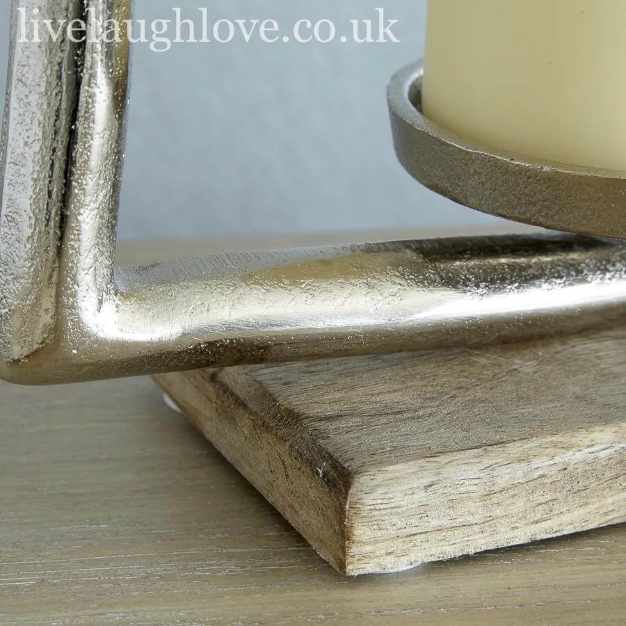Cast Metal Large Silvered Heart Candle Holder On Wooden Plinth