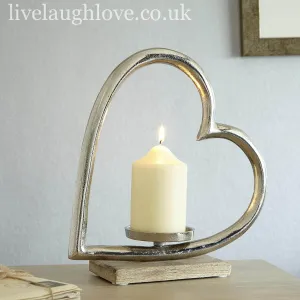 Cast Metal Large Silvered Heart Candle Holder On Wooden Plinth