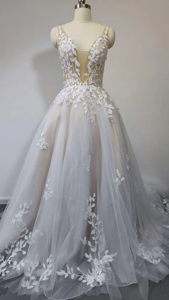 Deep V Neck Lace Wedding Dresses Romantic Bridal Gown With Train  WD593