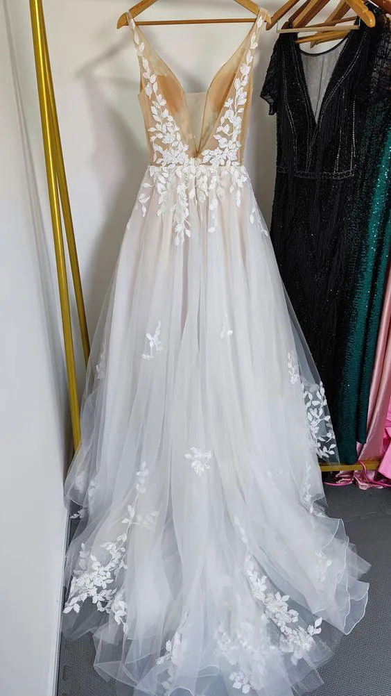 Deep V Neck Lace Wedding Dresses Romantic Bridal Gown With Train  WD593