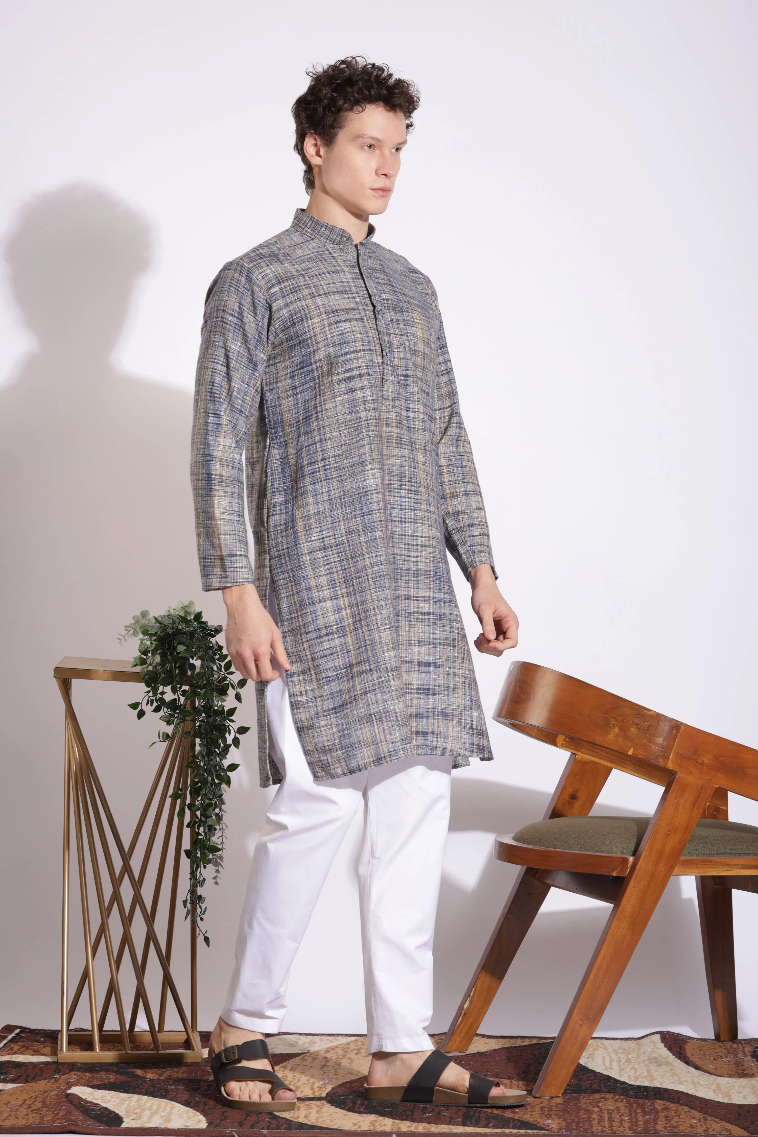 Elegant Blue Khadi Cotton Long Kurta