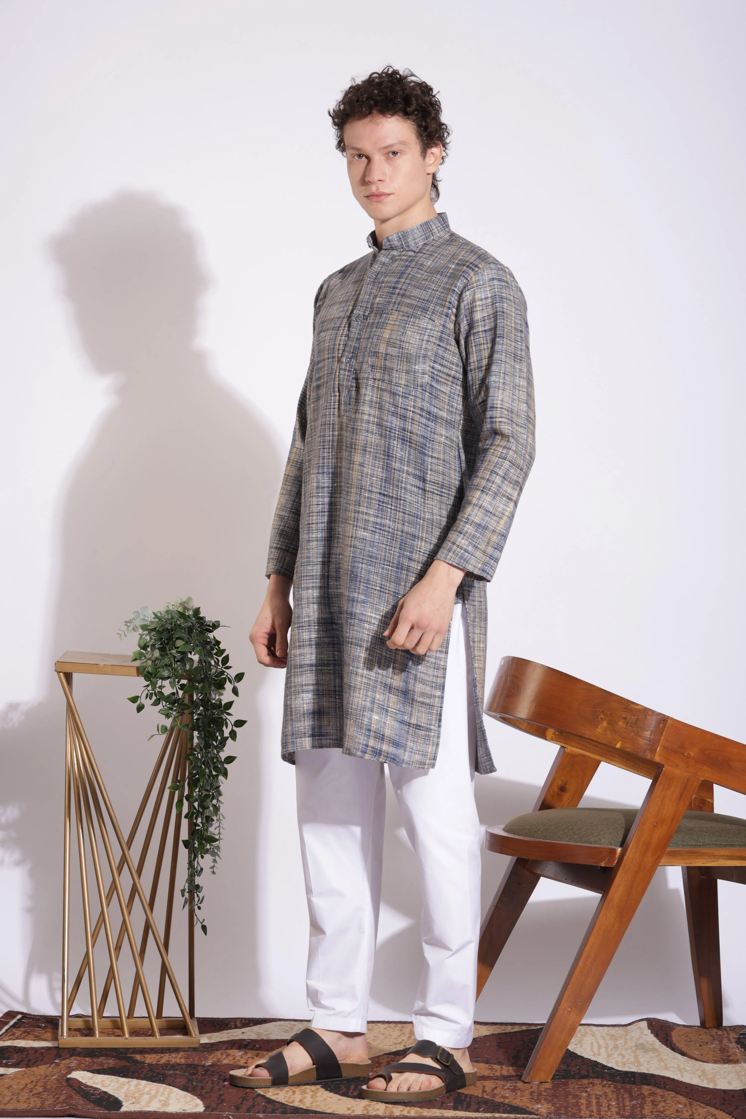 Elegant Blue Khadi Cotton Long Kurta