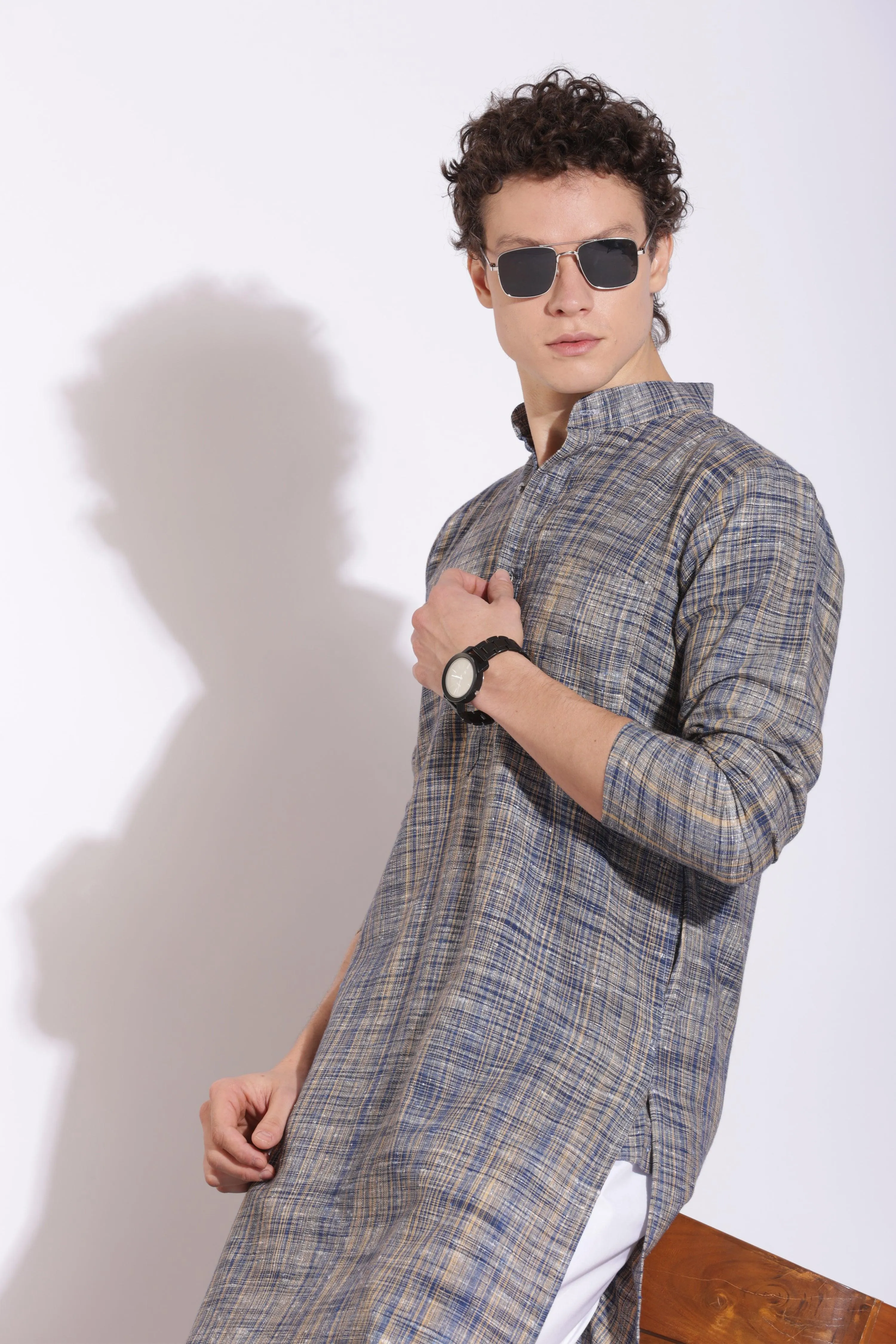Elegant Blue Khadi Cotton Long Kurta
