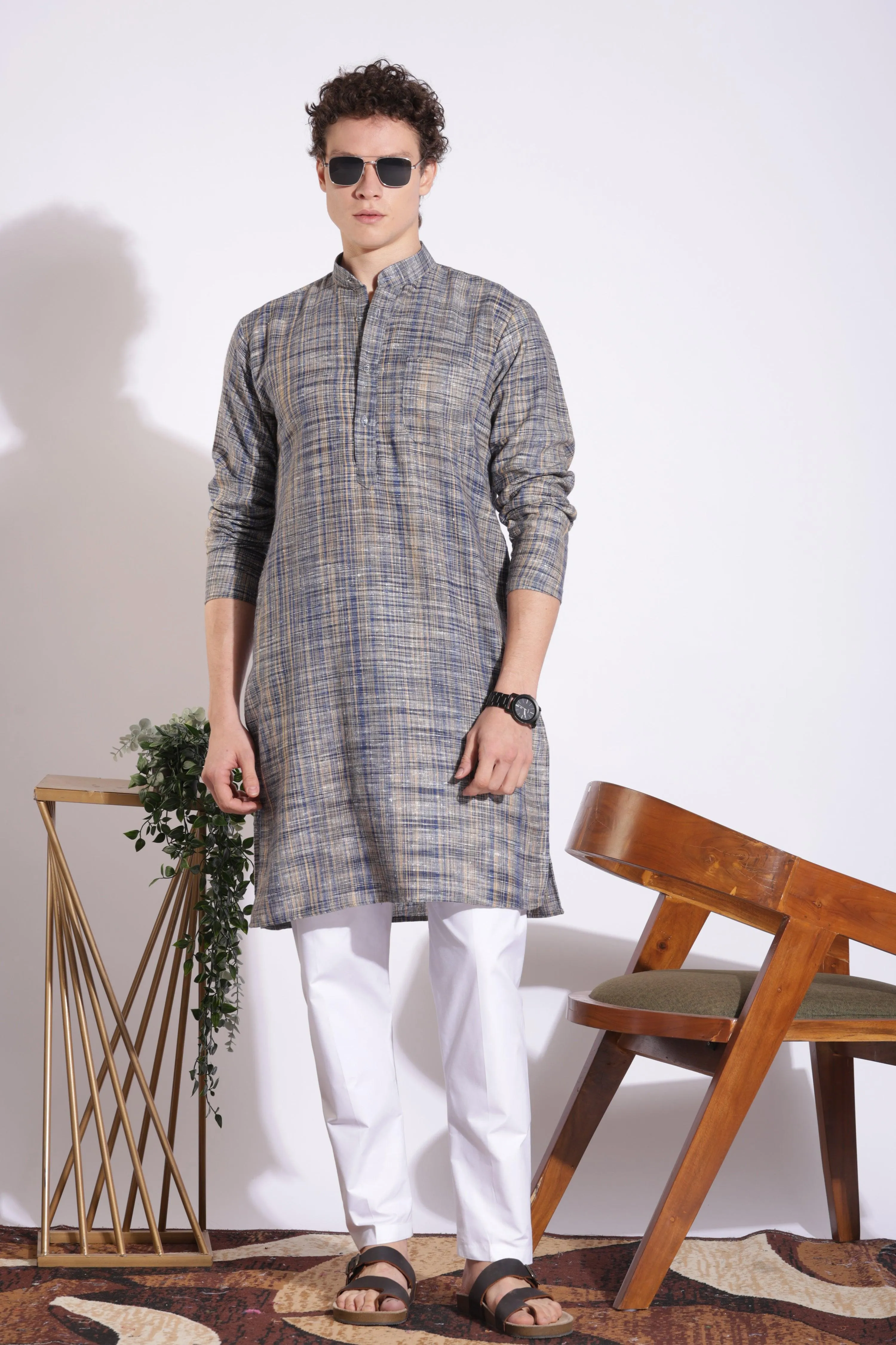 Elegant Blue Khadi Cotton Long Kurta