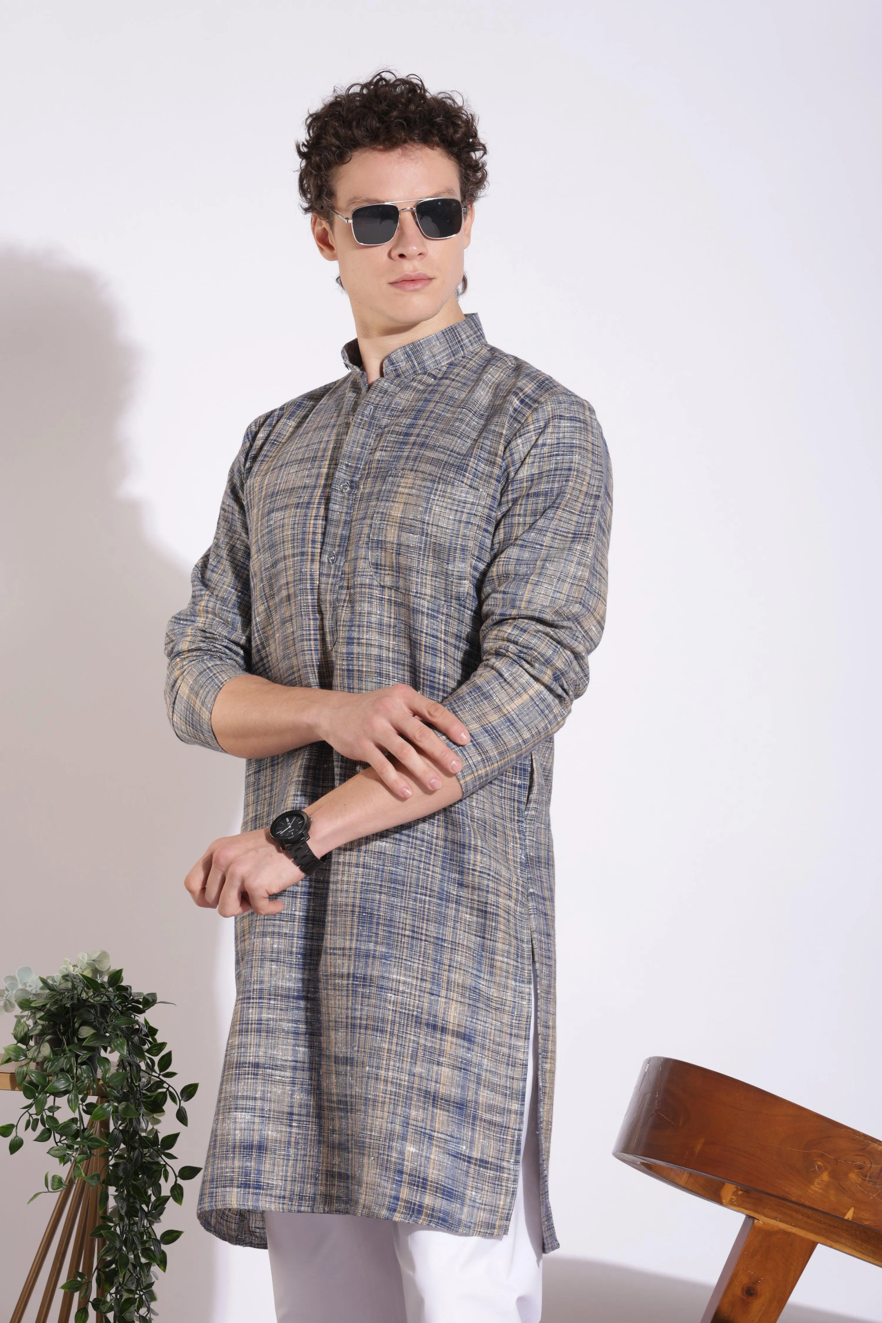 Elegant Blue Khadi Cotton Long Kurta
