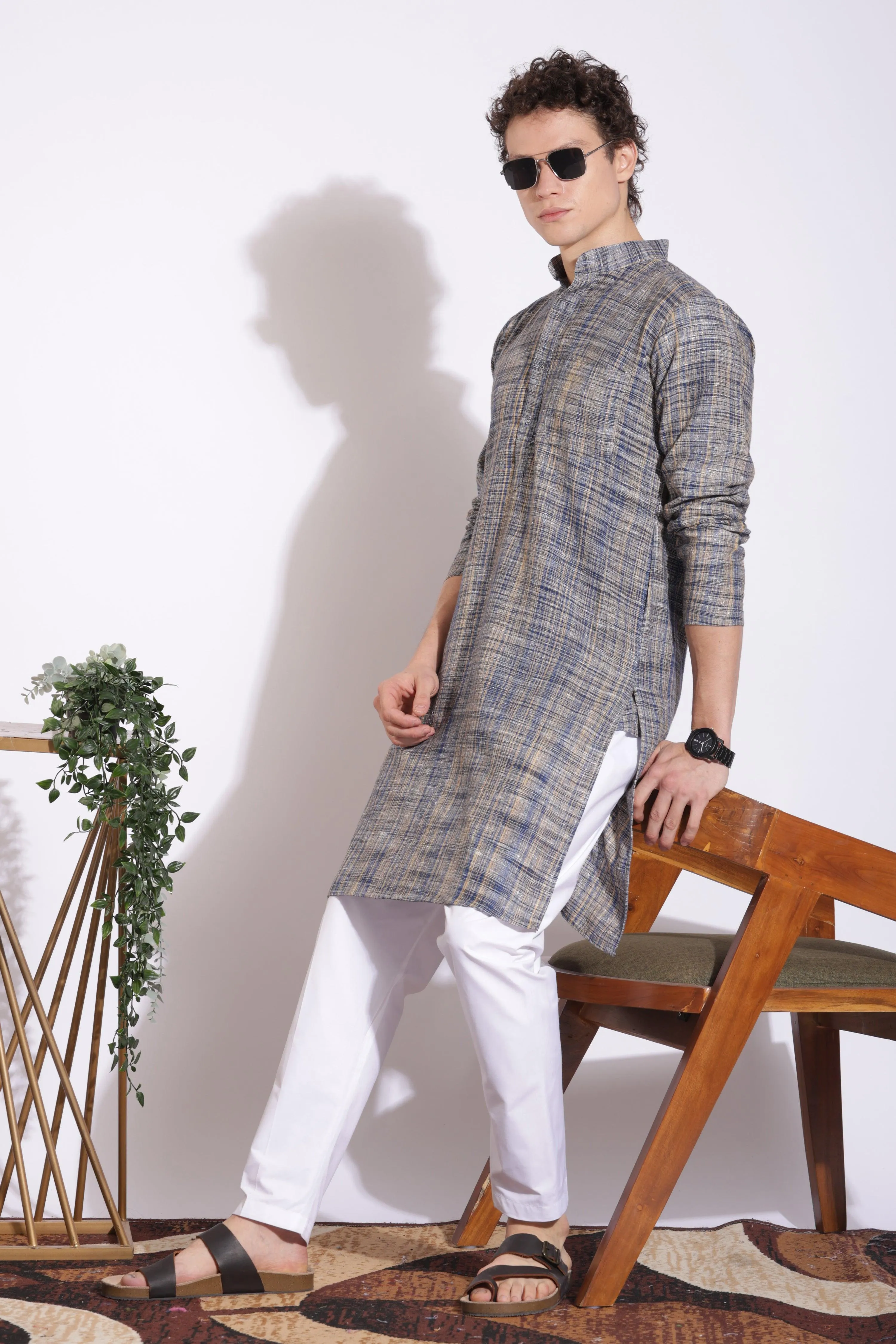 Elegant Blue Khadi Cotton Long Kurta