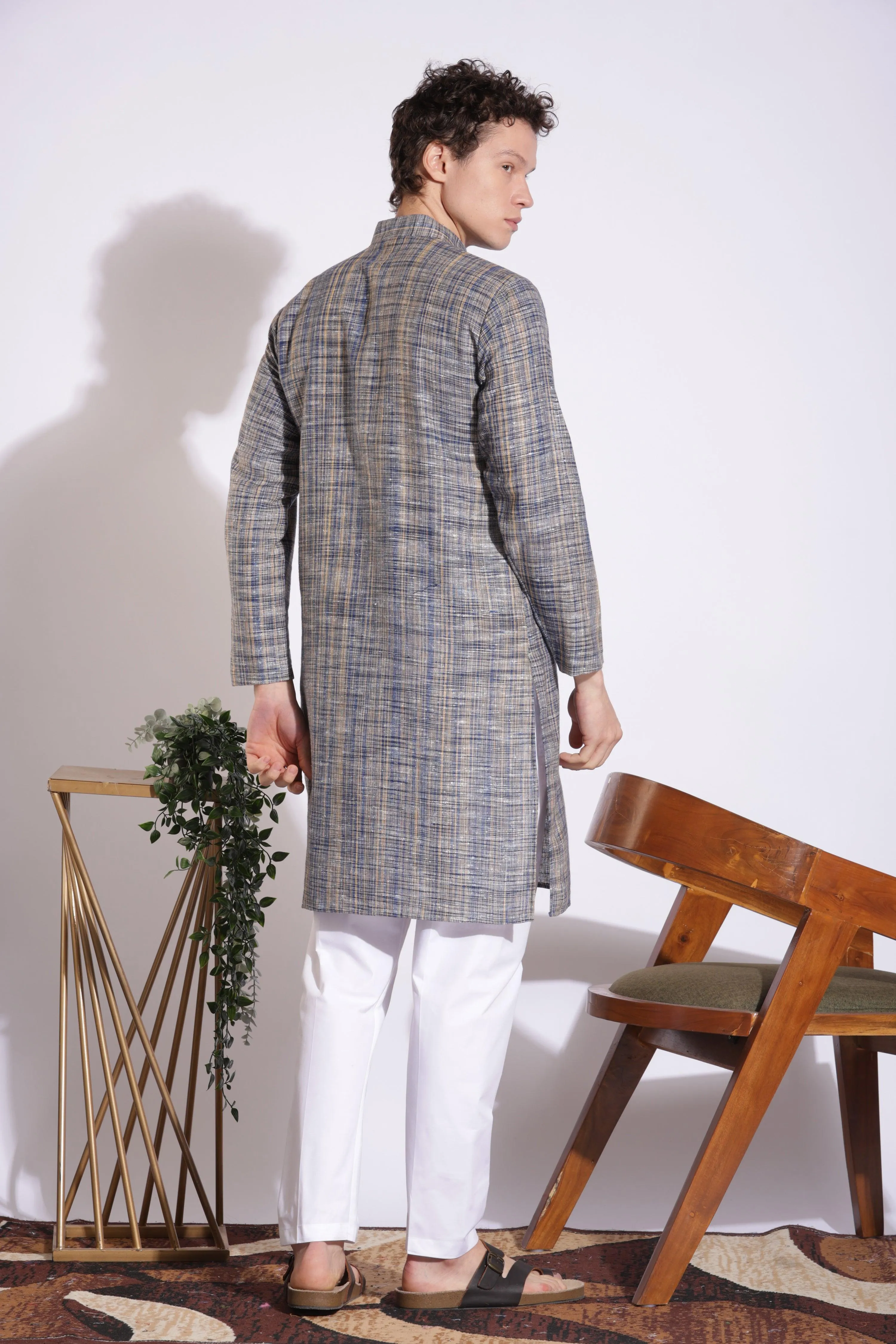 Elegant Blue Khadi Cotton Long Kurta