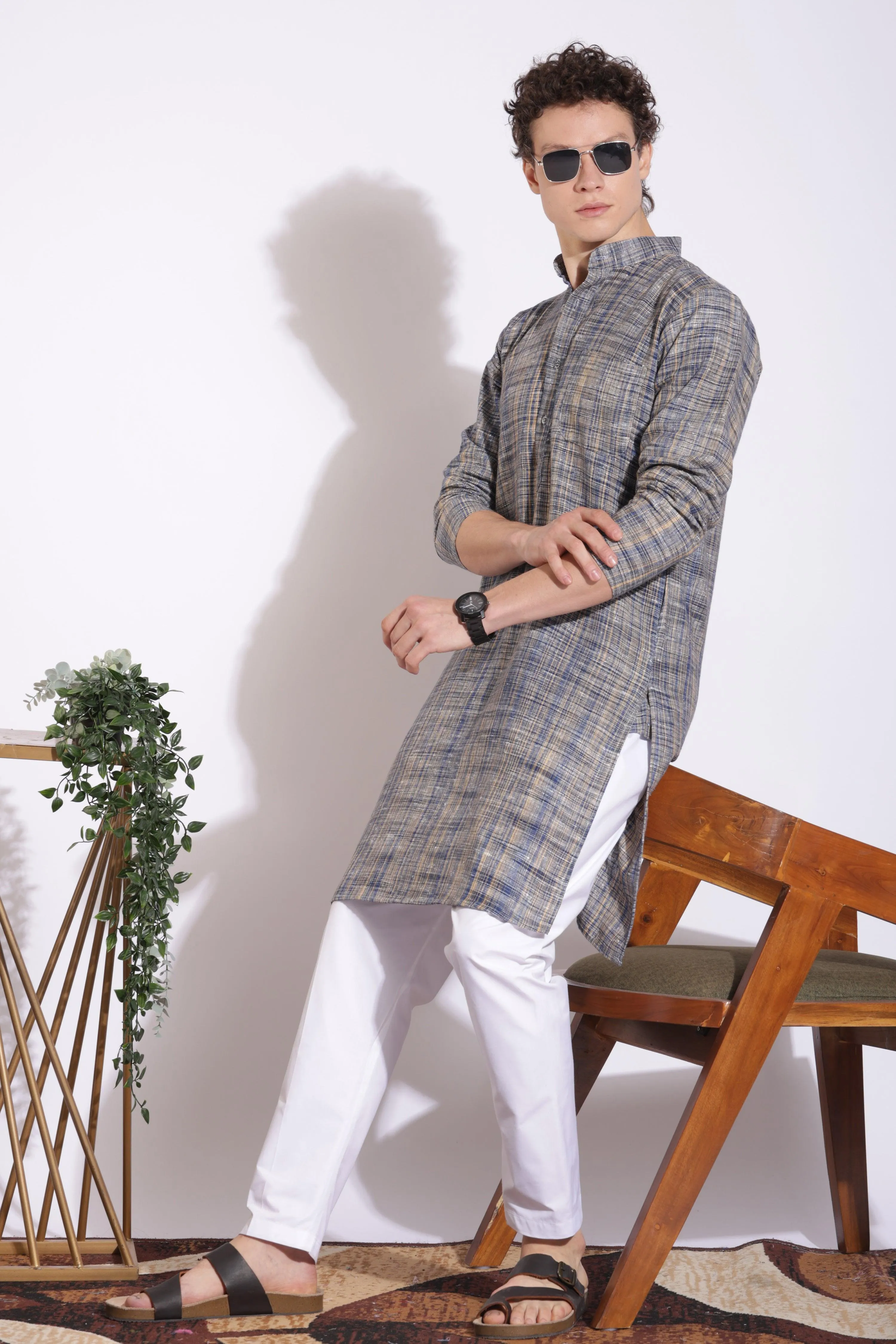 Elegant Blue Khadi Cotton Long Kurta