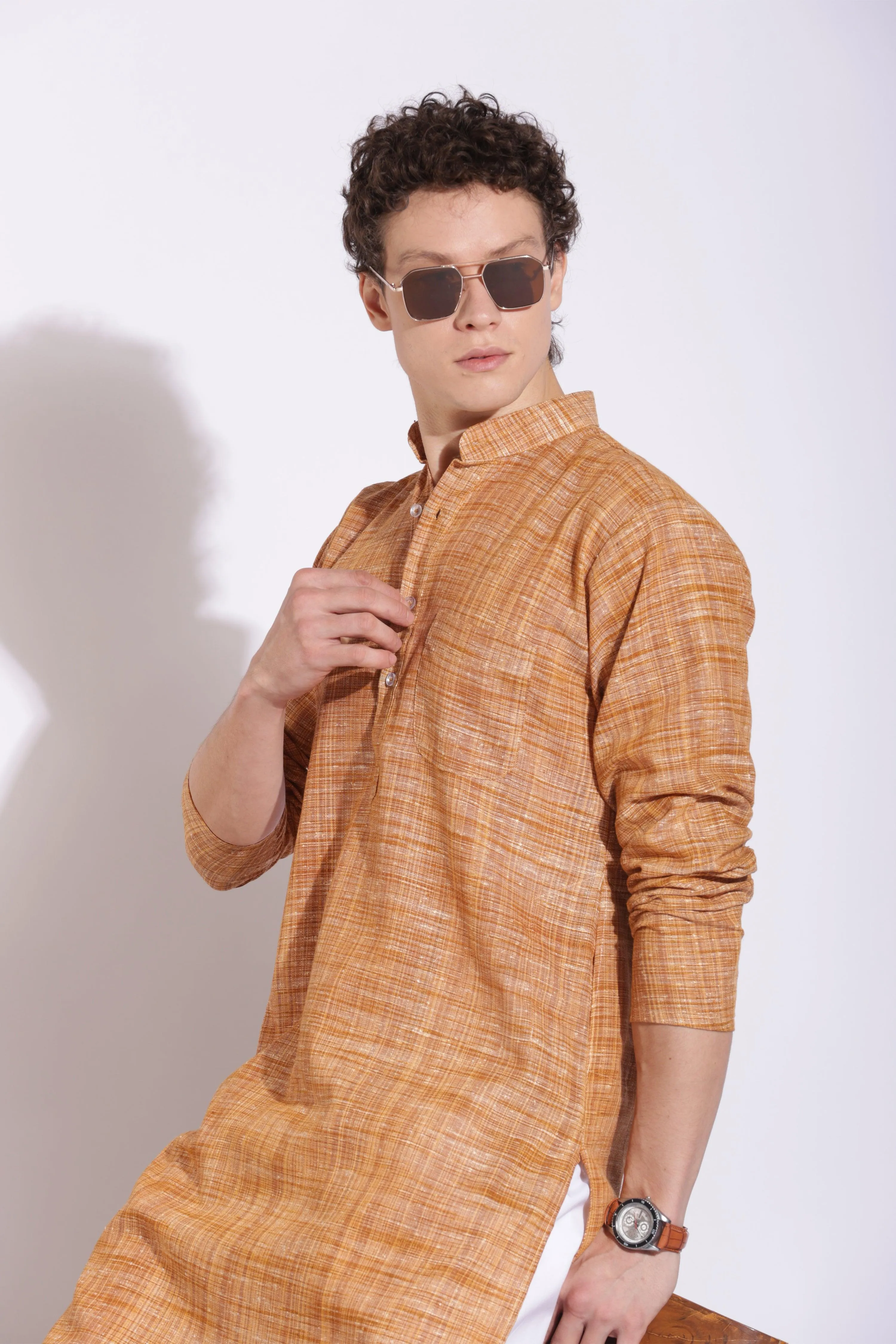 Elegant Brown Khadi Cotton Long Kurta