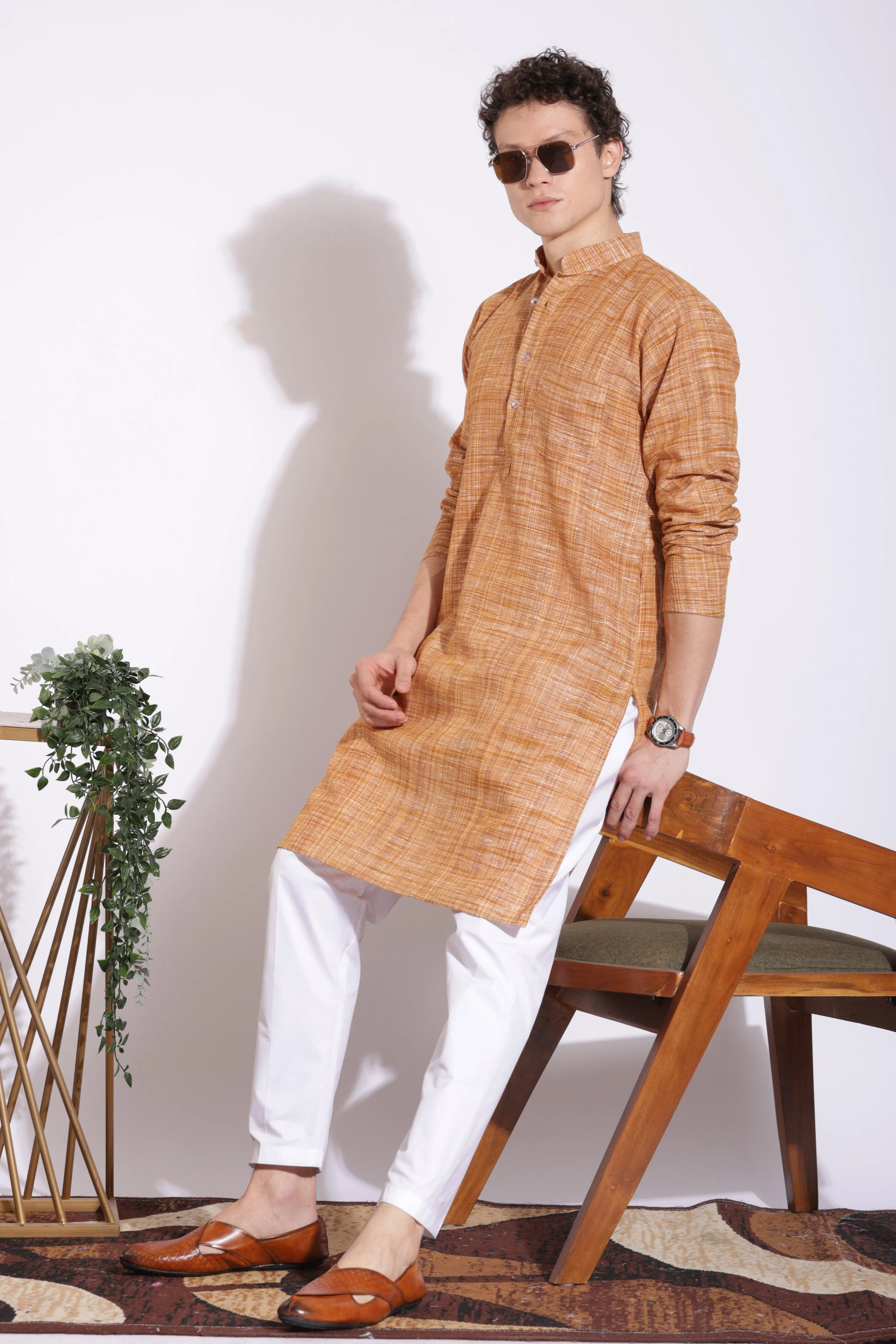 Elegant Brown Khadi Cotton Long Kurta