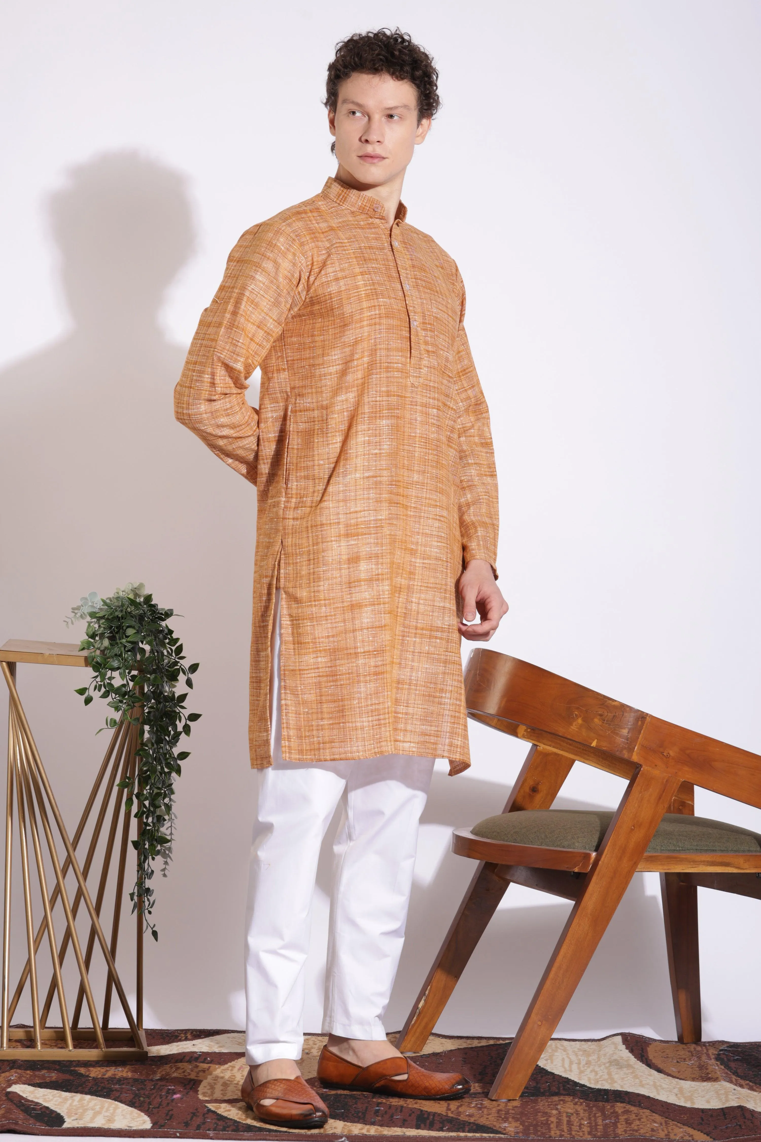 Elegant Brown Khadi Cotton Long Kurta