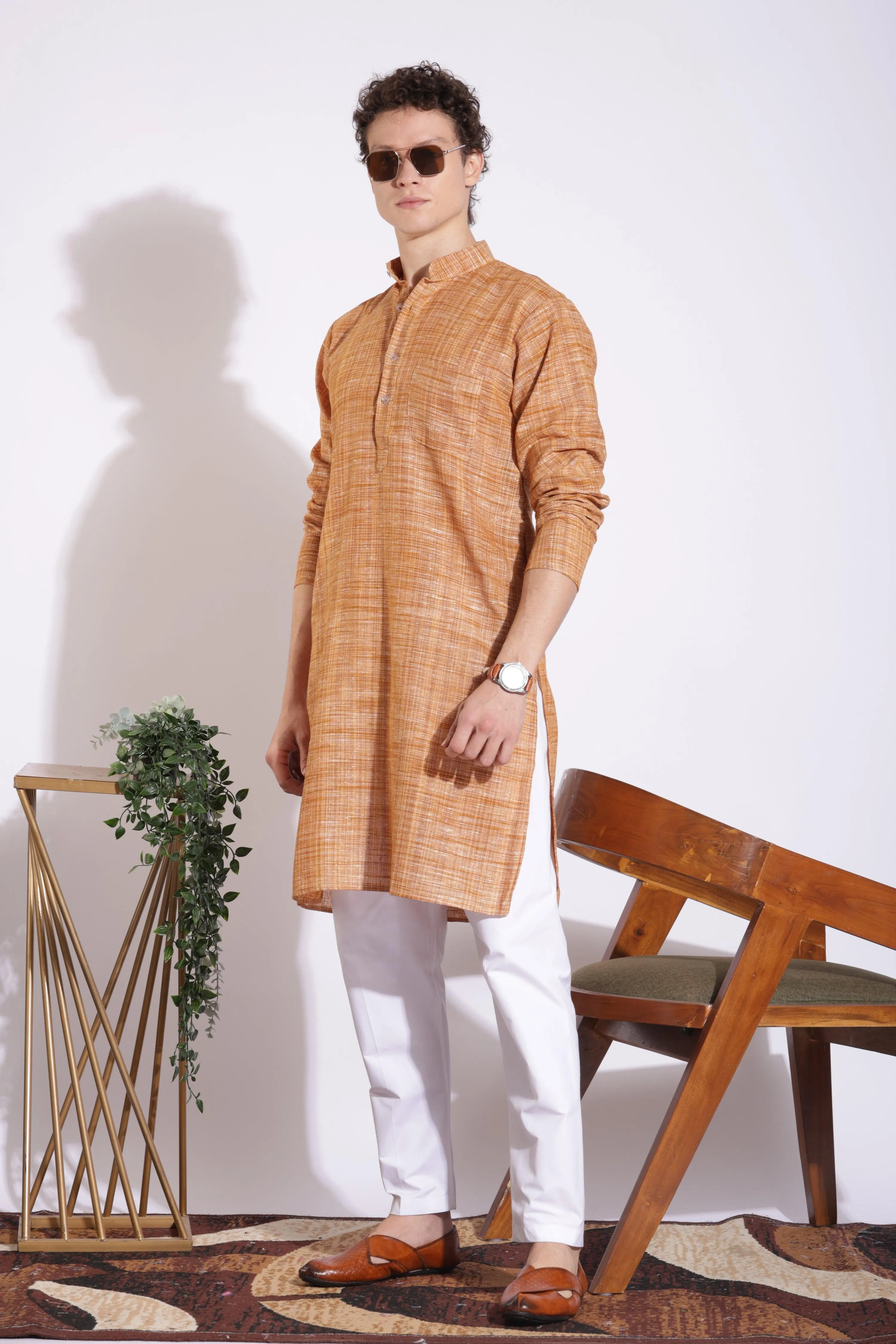 Elegant Brown Khadi Cotton Long Kurta