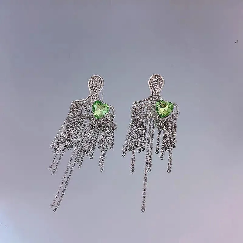 Figure Tassel Earrings| Metal Tassel| Green heart | Abstract figure | Party| Silver Tassel