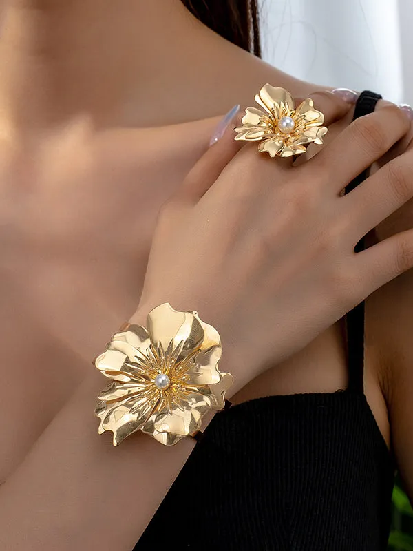 Flower Shape Pleated Bracelet   Rings Accessories Two Pieces