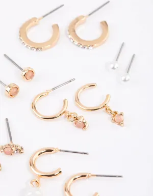 Gold Blush Diamante Pearl Earrings 6-Pack