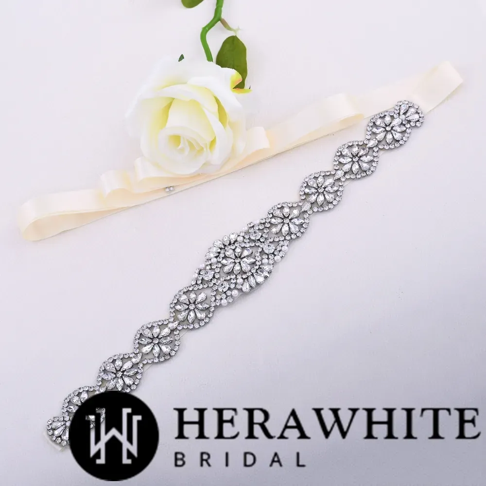 Graduated Scallops Crystals Pearl Satin Bridal Sash