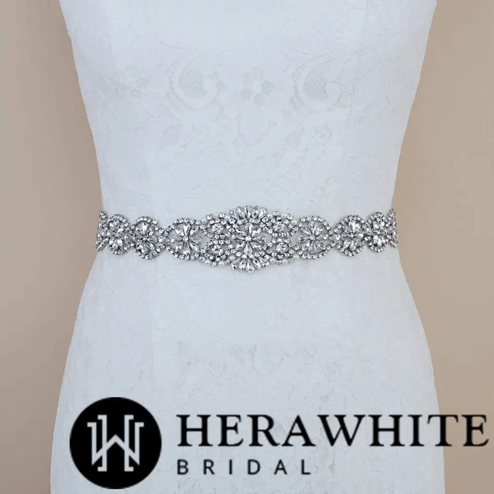 Graduated Scallops Crystals Pearl Satin Bridal Sash