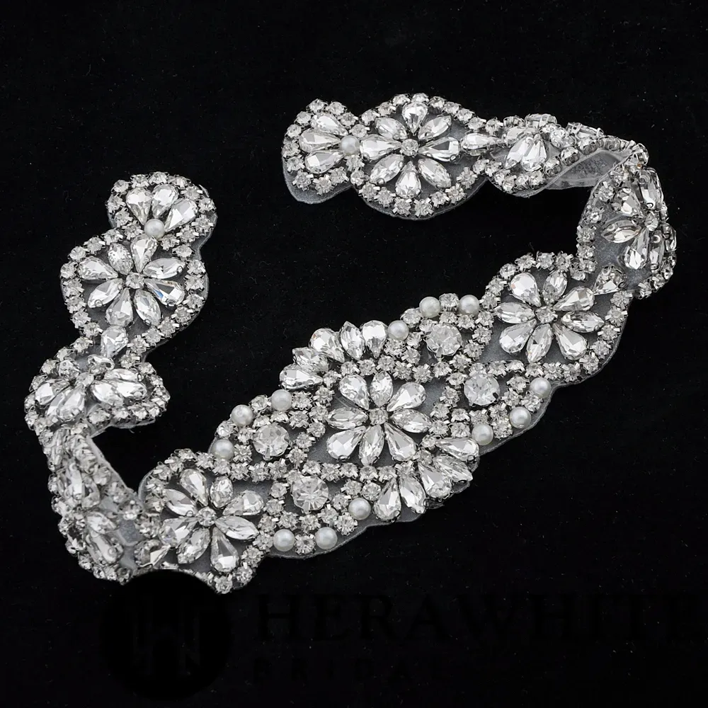 Graduated Scallops Crystals Pearl Satin Bridal Sash