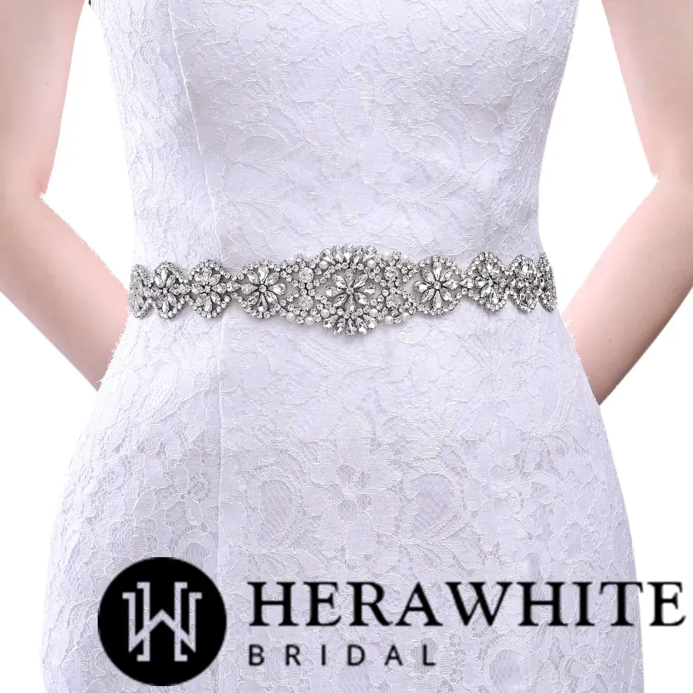 Graduated Scallops Crystals Pearl Satin Bridal Sash