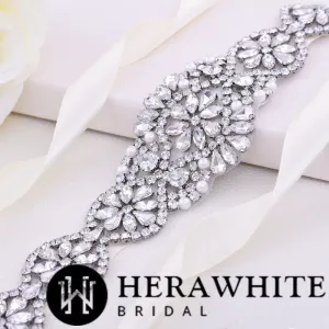 Graduated Scallops Crystals Pearl Satin Bridal Sash