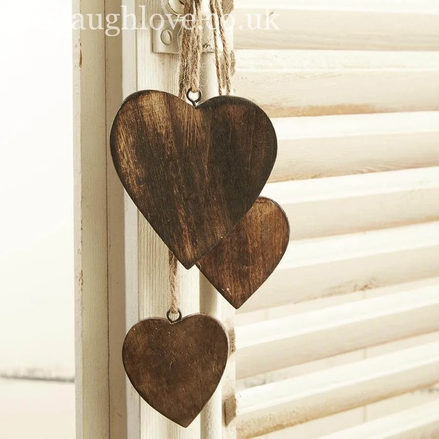 Hanging Trio of Natural Wooden Hearts