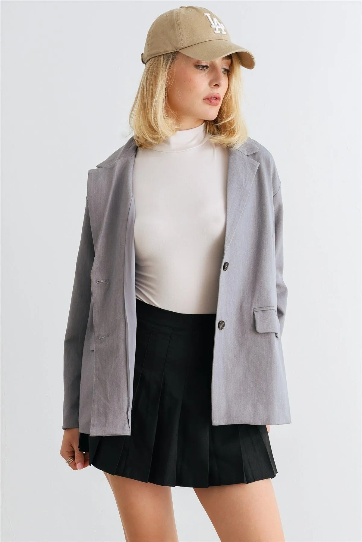 Heather Grey Button-Up Collared Neck Long Sleeve Blazer /1-2-2-1