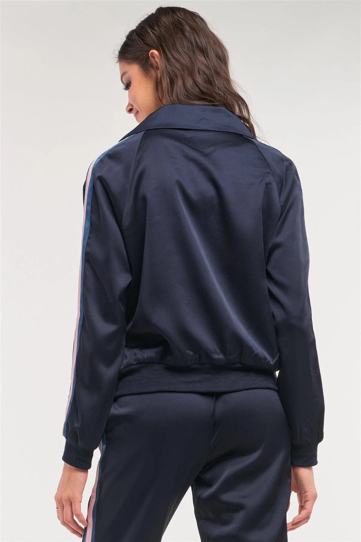 Navy Multicolor Stripe Detail Zip-Up Front Sports Jacket /1-2-3