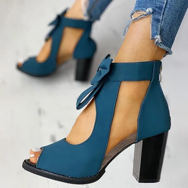 Peep Toe Mesh Insert Bowknot Chunky Heeled Sandals