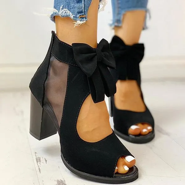 Peep Toe Mesh Insert Bowknot Chunky Heeled Sandals