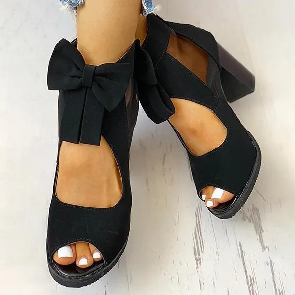 Peep Toe Mesh Insert Bowknot Chunky Heeled Sandals