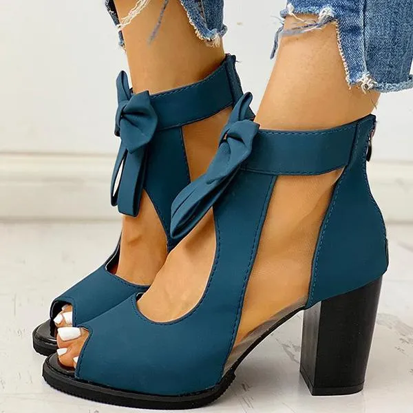 Peep Toe Mesh Insert Bowknot Chunky Heeled Sandals