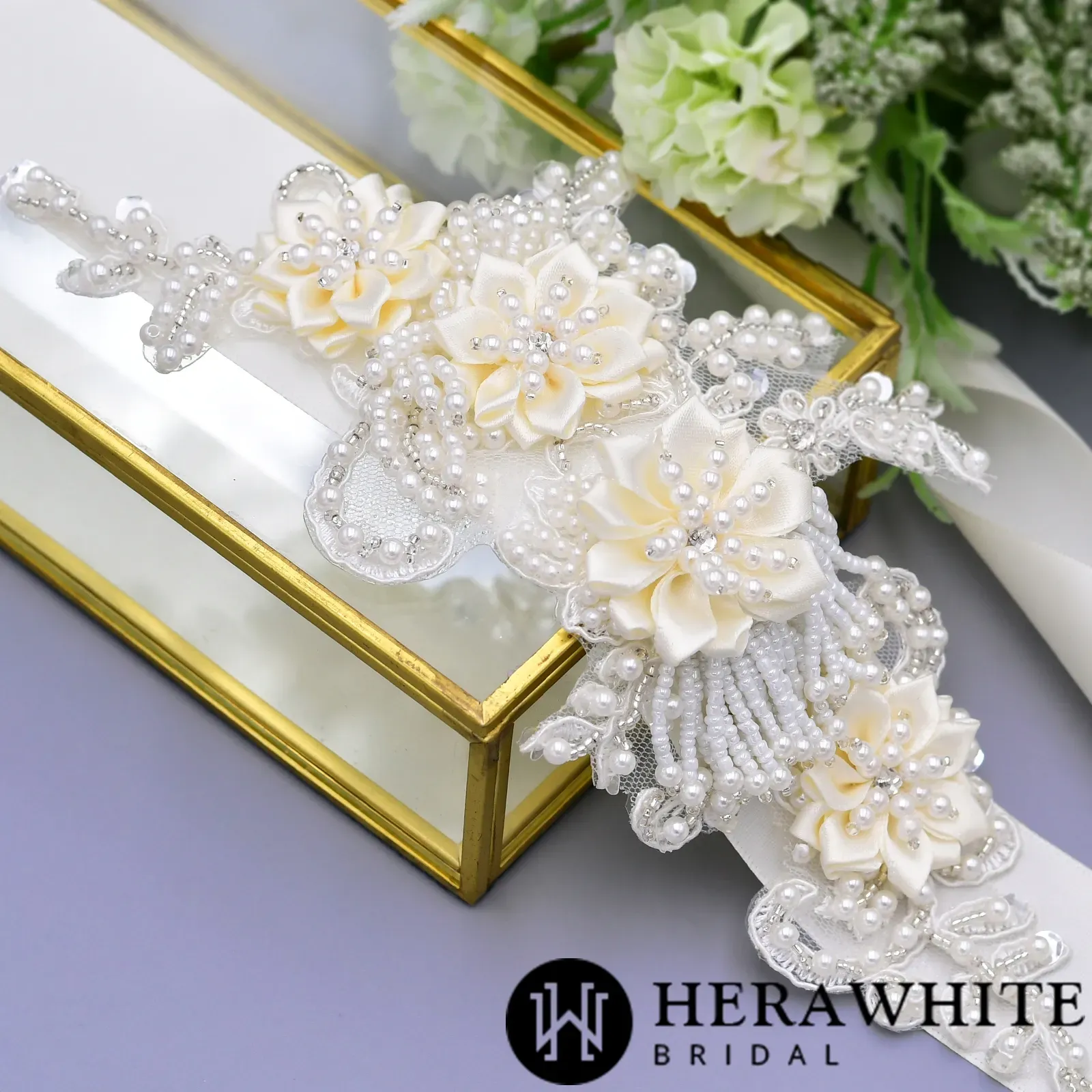 Romantic Flowers Pearl Beaded Satin Bridal Sash