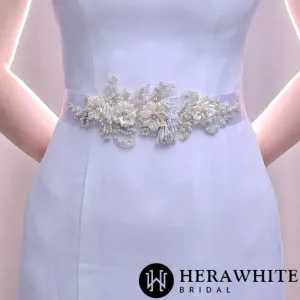 Romantic Flowers Pearl Beaded Satin Bridal Sash