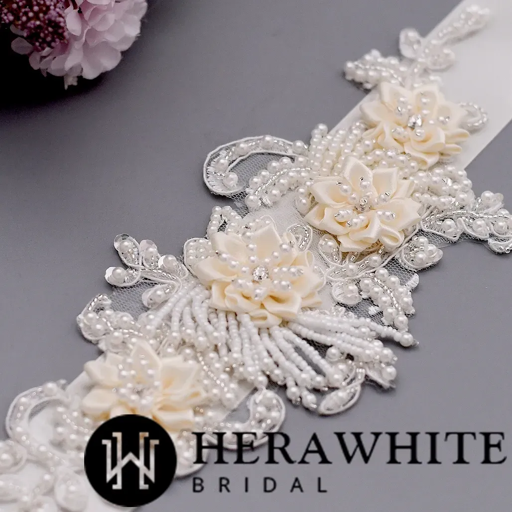Romantic Flowers Pearl Beaded Satin Bridal Sash