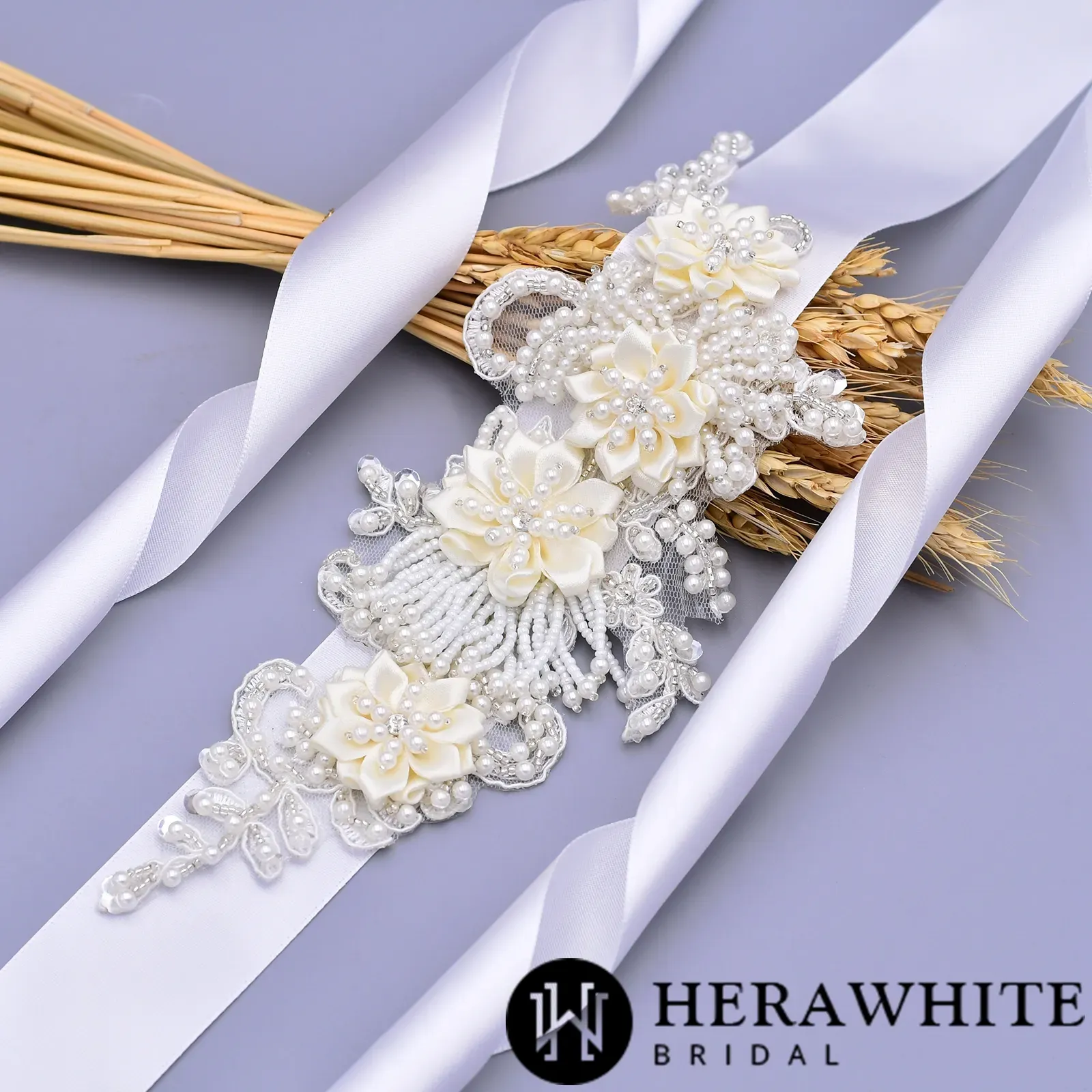 Romantic Flowers Pearl Beaded Satin Bridal Sash