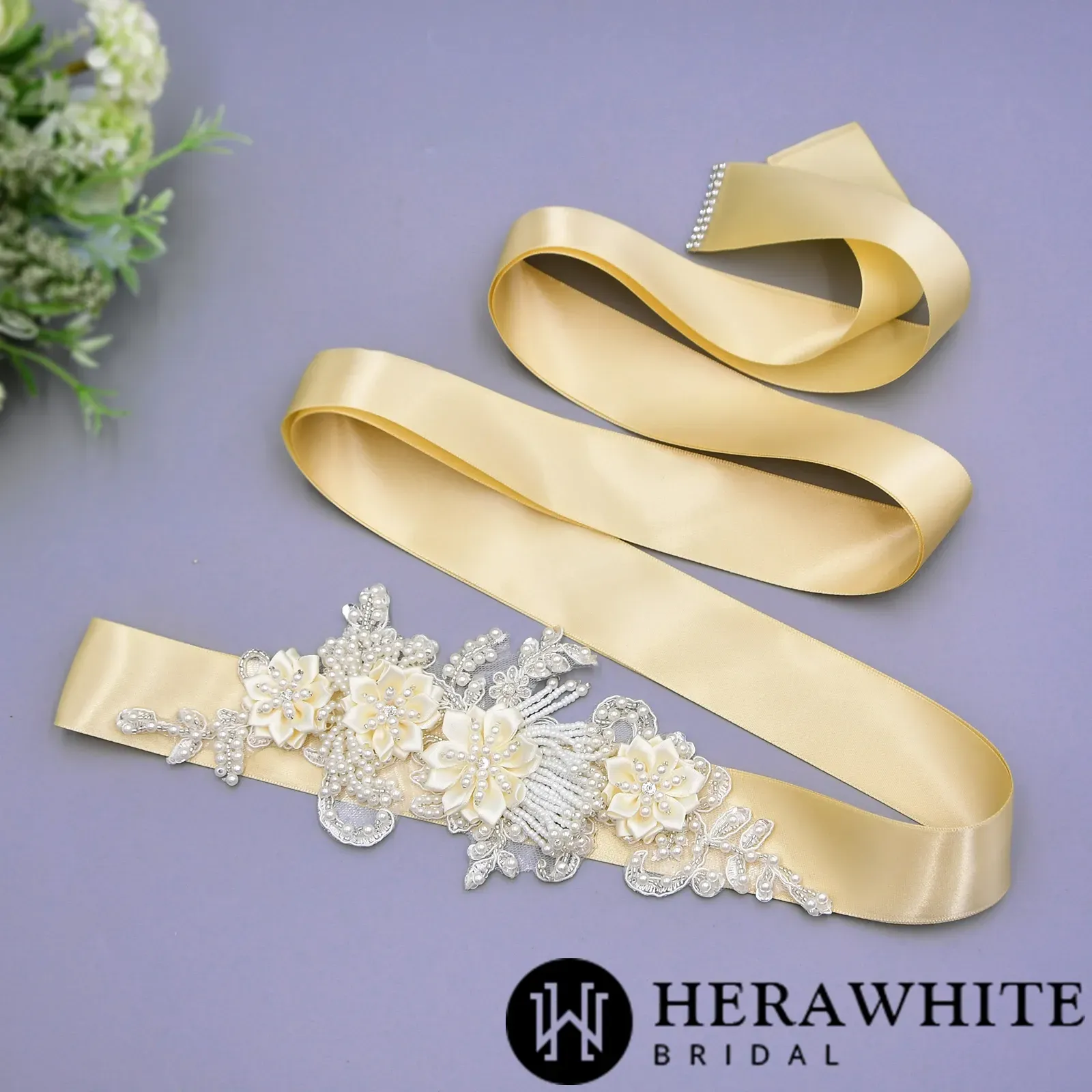 Romantic Flowers Pearl Beaded Satin Bridal Sash
