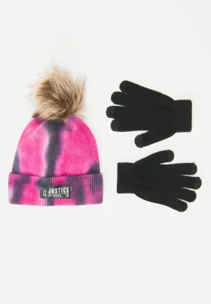 Tie-Dye Pom-Pom Beanie Hat & Gloves