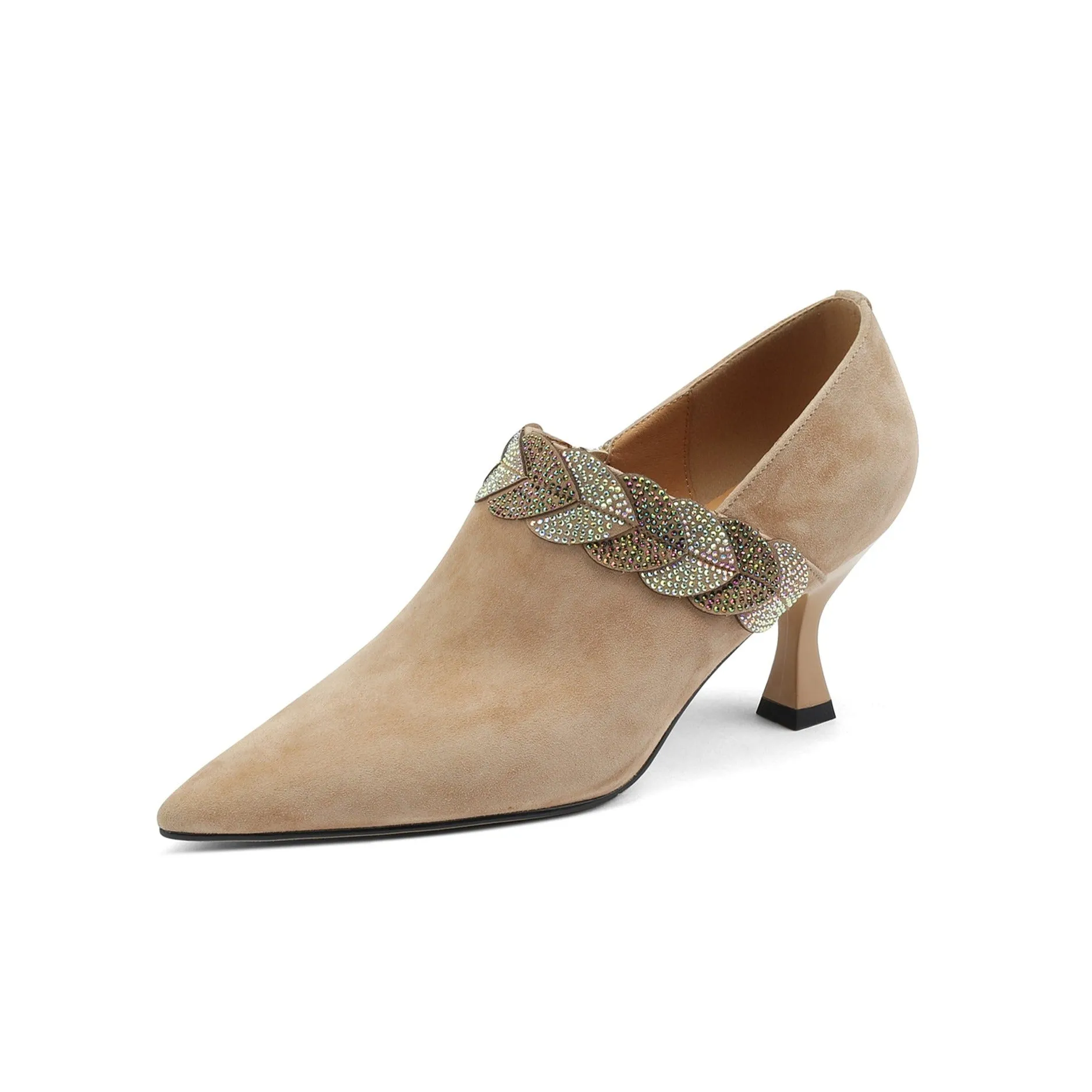 TinaCus Women's Suede Leather Handmade Pointed Toe Mid Spool Heel Stylish Delicate Décor Pumps