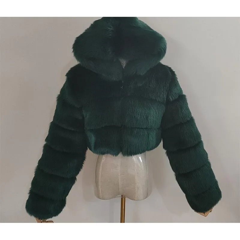 Women cropped hooded solid color long sleeve faux fur coat