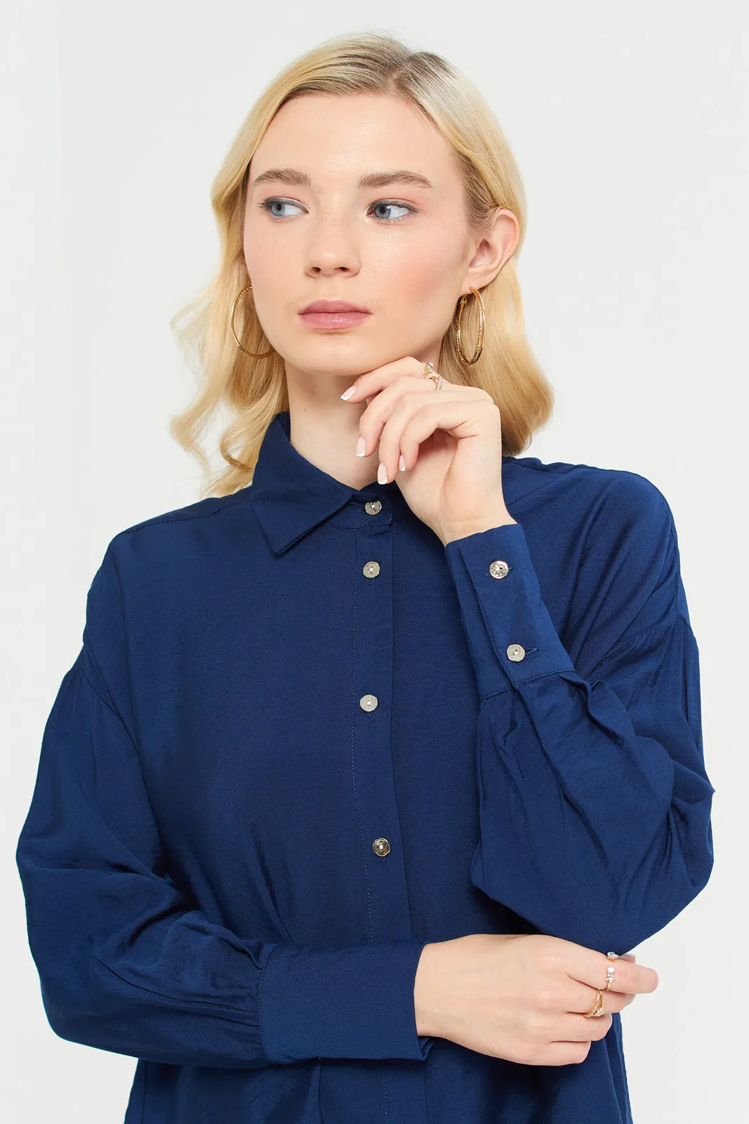 Women Navy Oversized Curved Shirt