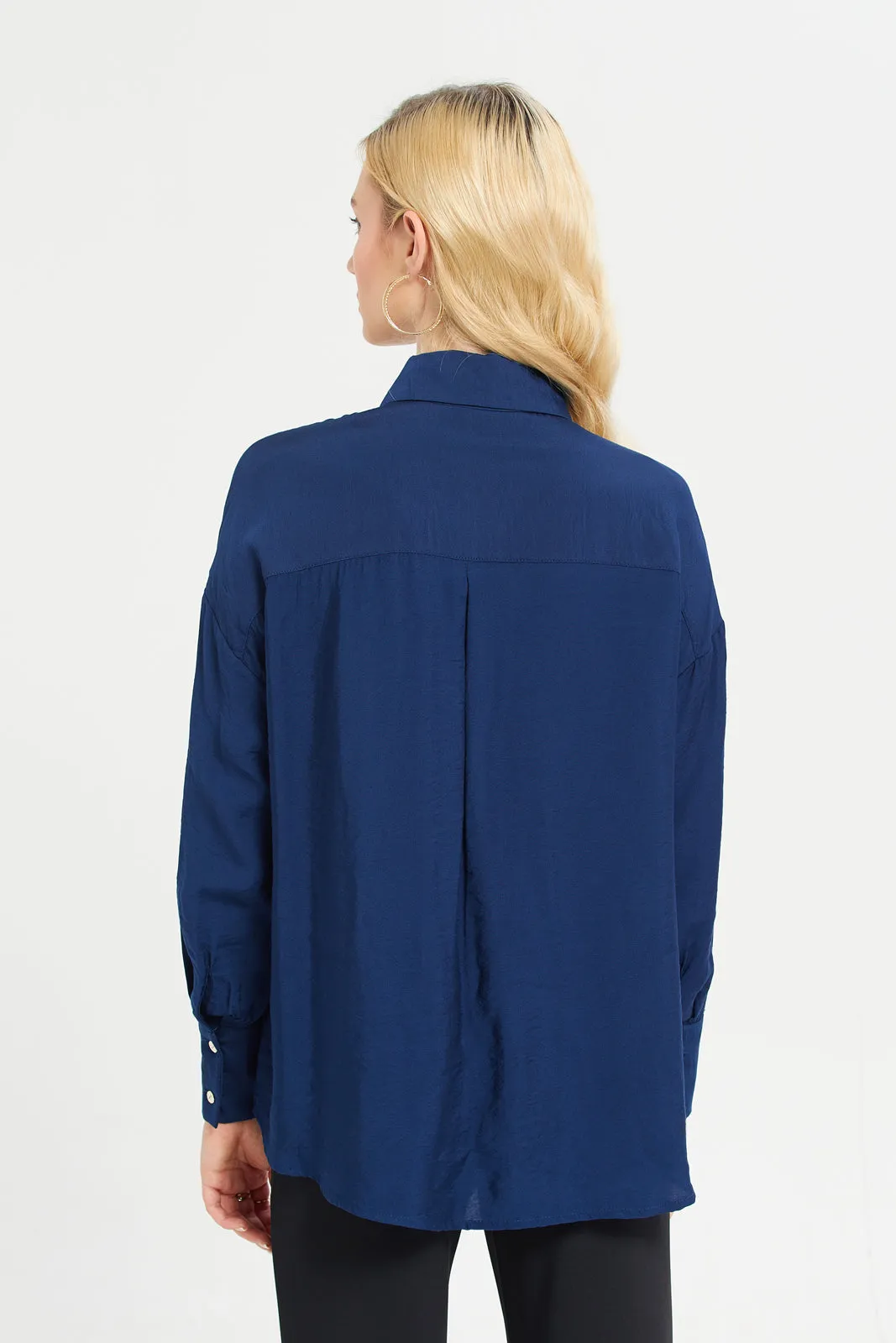 Women Navy Oversized Curved Shirt