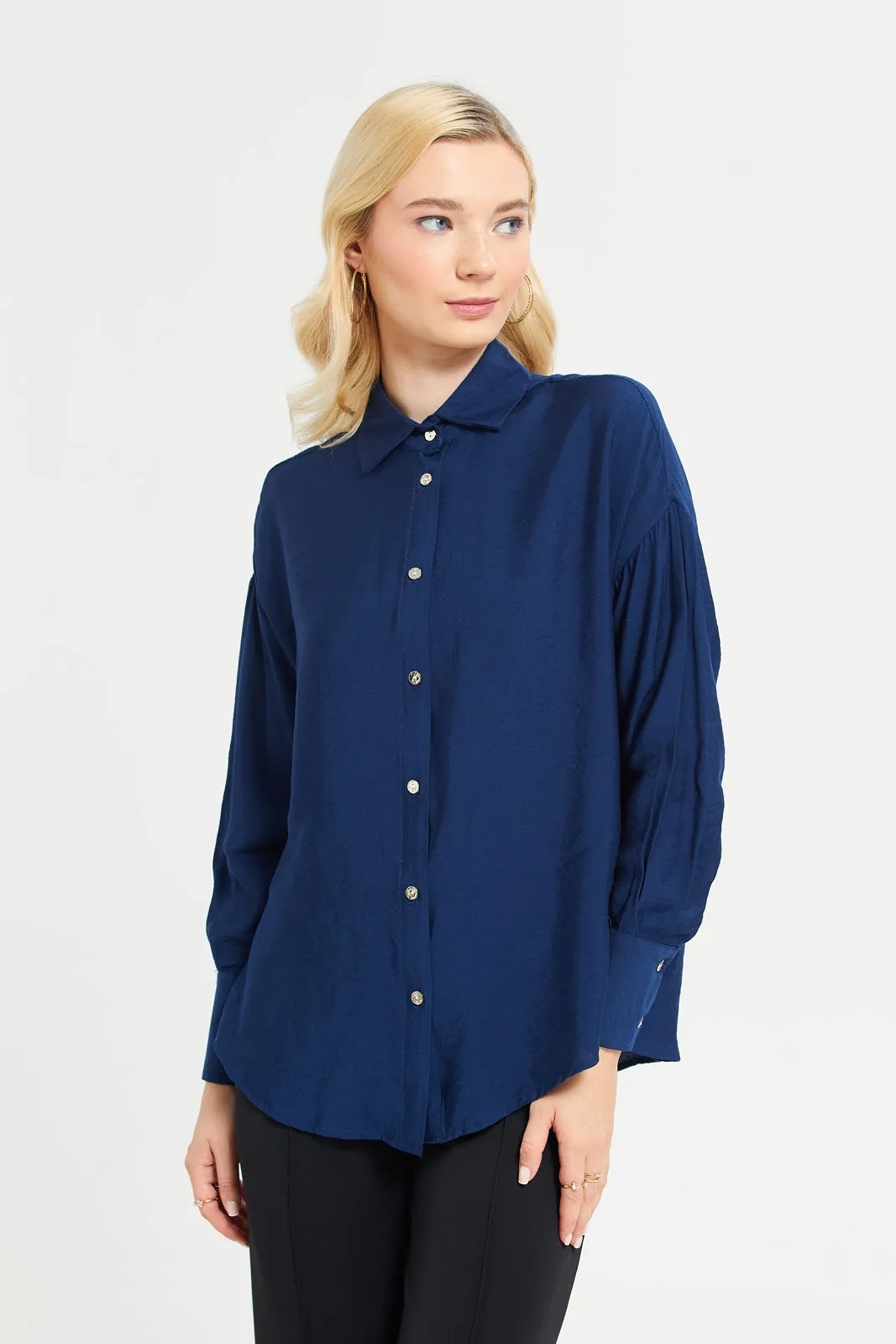 Women Navy Oversized Curved Shirt