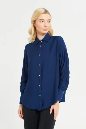 Women Navy Oversized Curved Shirt